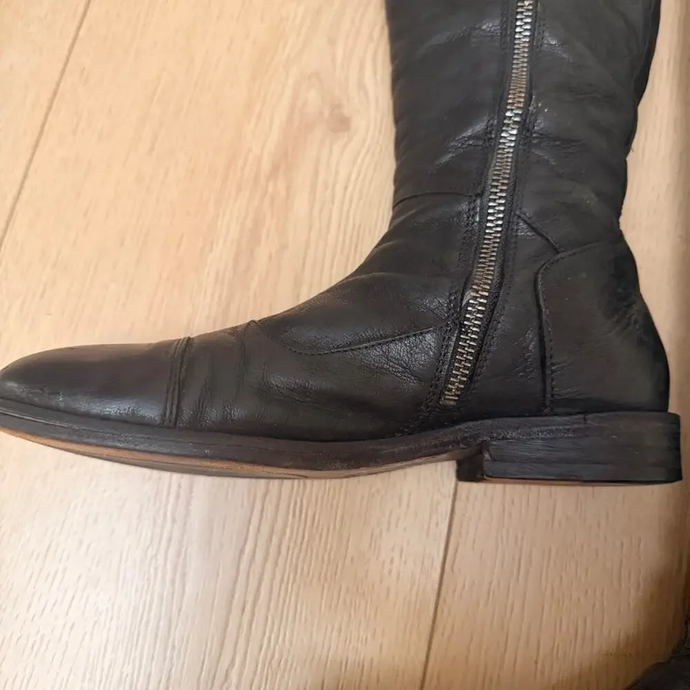 All Saints women’s Black Leather Over-the-Knee buckle zip up Riding Boots  37